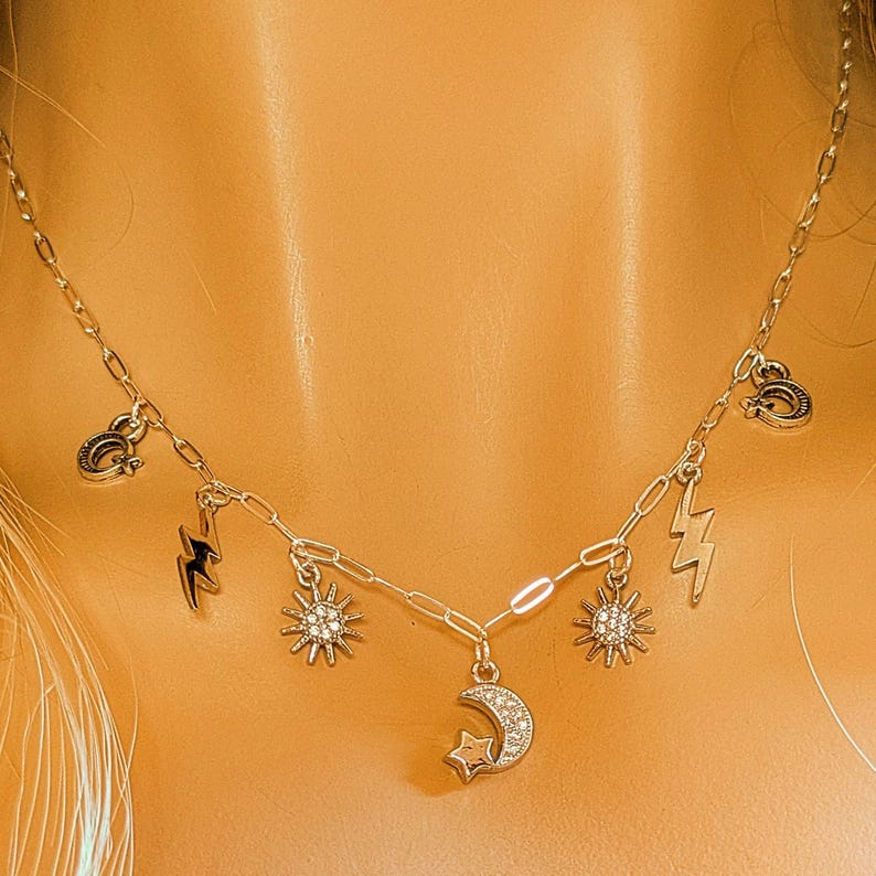 Celestial Multi Charm Link Necklace, .925 Sterling Silver - 20 inch - - LadybugfeetDesigns -