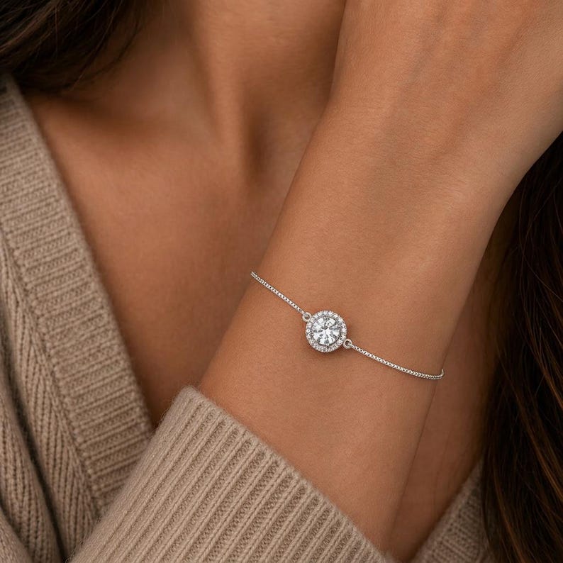 CZ Diamond Halo adjustable Bracelet, Silver - - LadybugfeetDesigns -