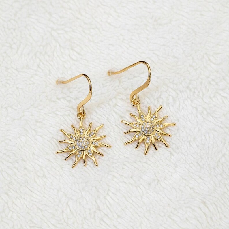 Fiery Sun Charm Drop Hook Earrings, Gold - - LadybugfeetDesigns -