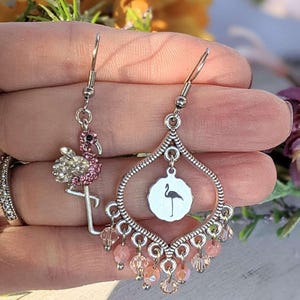 Mismatched Rhinestone Flamingo hook earrings - - LadybugfeetDesigns -