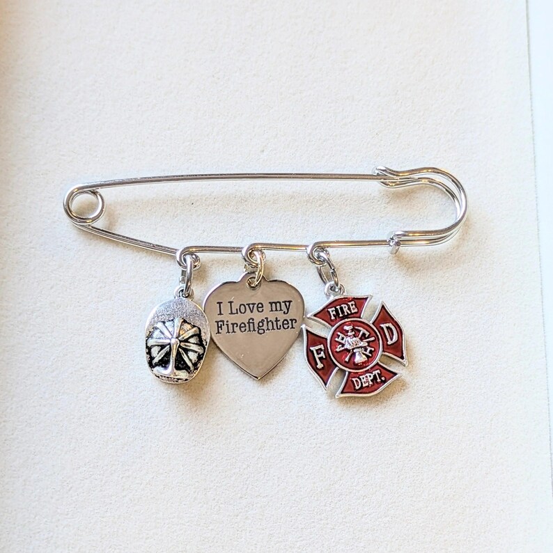 I Love My Firefighter Safety Pin Brooch, Purse Charm - - LadybugfeetDesigns -