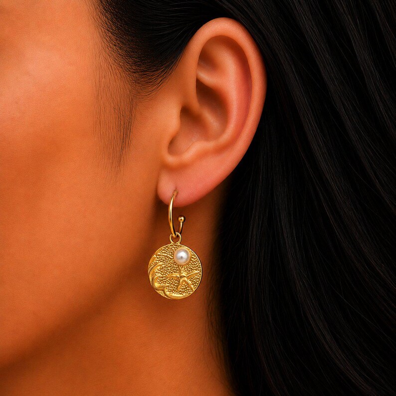 Gold Sandy Beach Pearl gold hoop earrings, Hoop Drop, 16mm - - LadybugfeetDesigns -