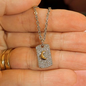 CZ Crescent Moon Tag Necklace, Silver - 20 inch - - LadybugfeetDesigns -