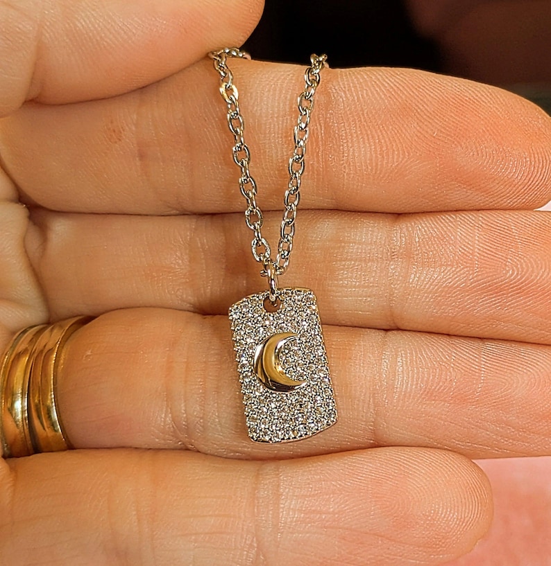 CZ Crescent Moon Tag Necklace, Silver - 20 inch - - LadybugfeetDesigns -