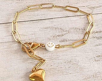 Gold Smiley Stainless Steel Paperclip Chain Bracelet