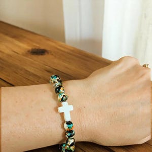 Black Orange Blue Beaded Cross Stretch bracelet - - LadybugfeetDesigns -