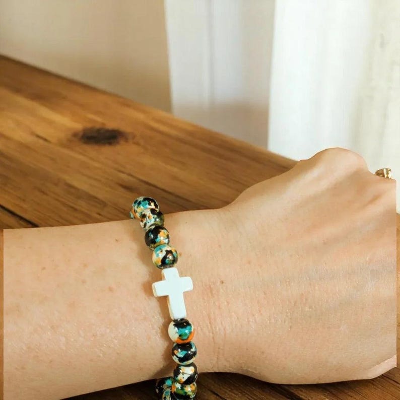 Black Orange Blue Beaded Cross Stretch bracelet - - LadybugfeetDesigns -