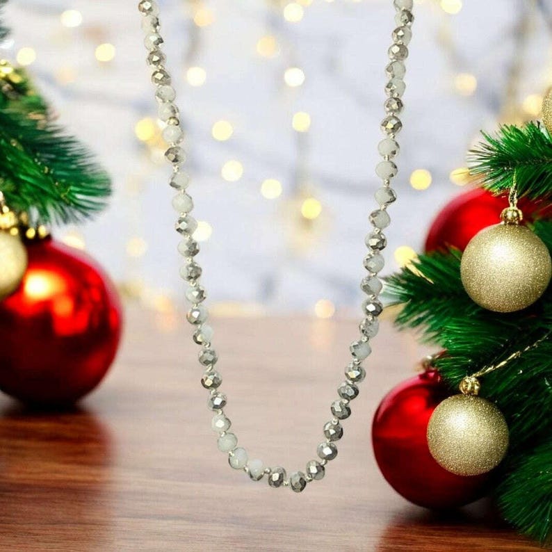 Silver White Crystal Knotted Necklace -36 inch - - LadybugfeetDesigns -