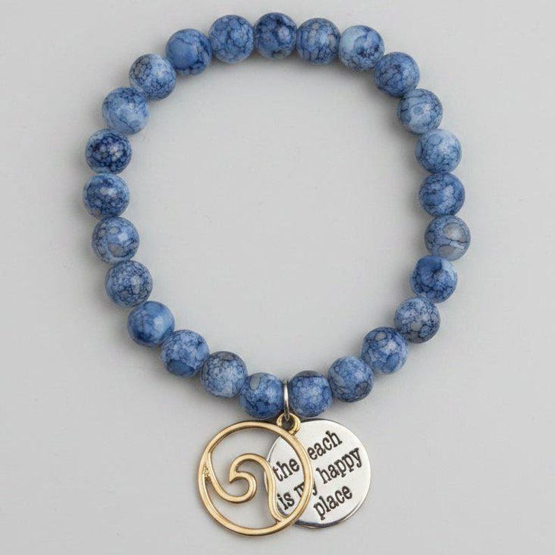 The Beach is my Happy Place Beaded Stretch Bracelet - - LadybugfeetDesigns -