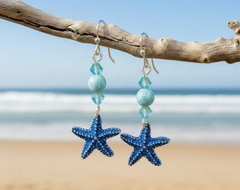 Blue Starfish Larimar Beaded Hook Earrings, Silver