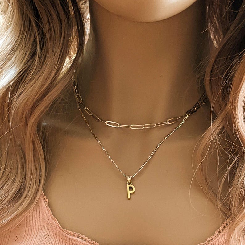 Paperclip Initial Layered Necklace Set. Gold - - LadybugfeetDesigns -