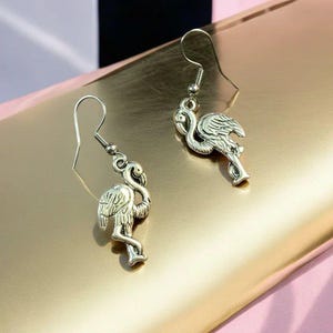 Silver Flamingo hook earrings - - LadybugfeetDesigns -