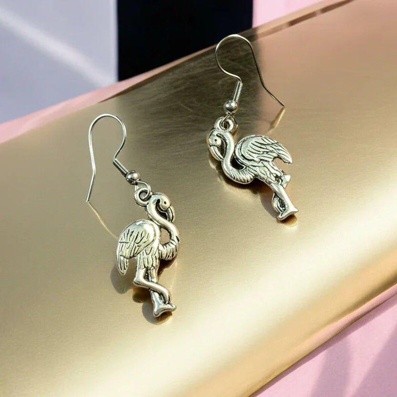 Silver Flamingo hook earrings - - LadybugfeetDesigns -