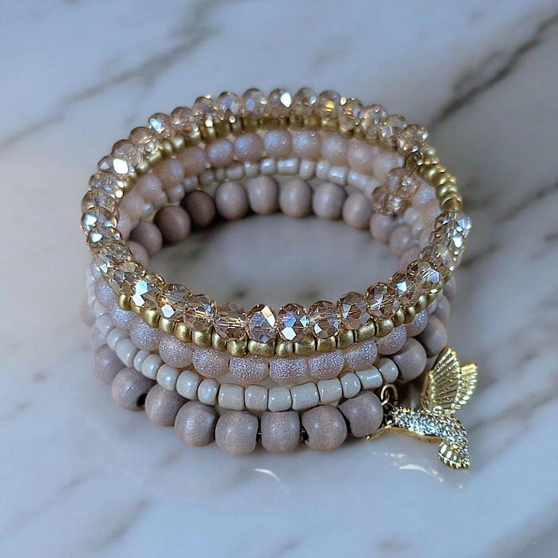 Hummingbird Crystal Beaded Gold Wrap Bracelet - - LadybugfeetDesigns -