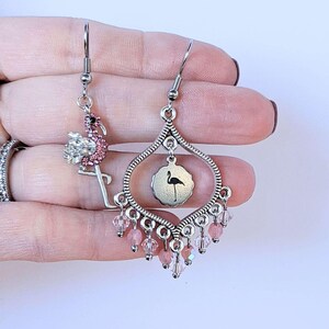 Mismatched Rhinestone Flamingo hook earrings - - LadybugfeetDesigns -