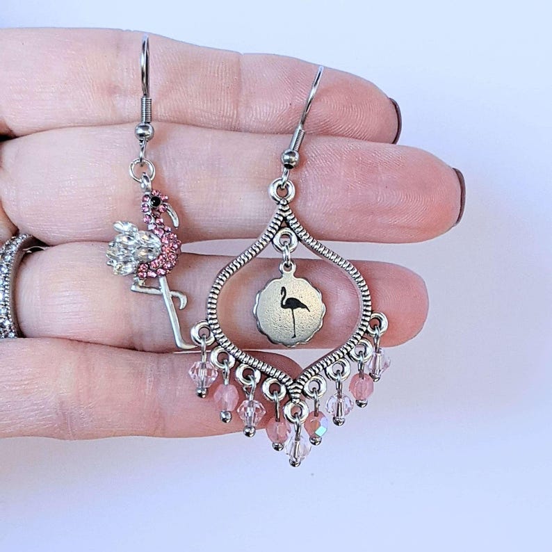 Mismatched Rhinestone Flamingo hook earrings - - LadybugfeetDesigns -