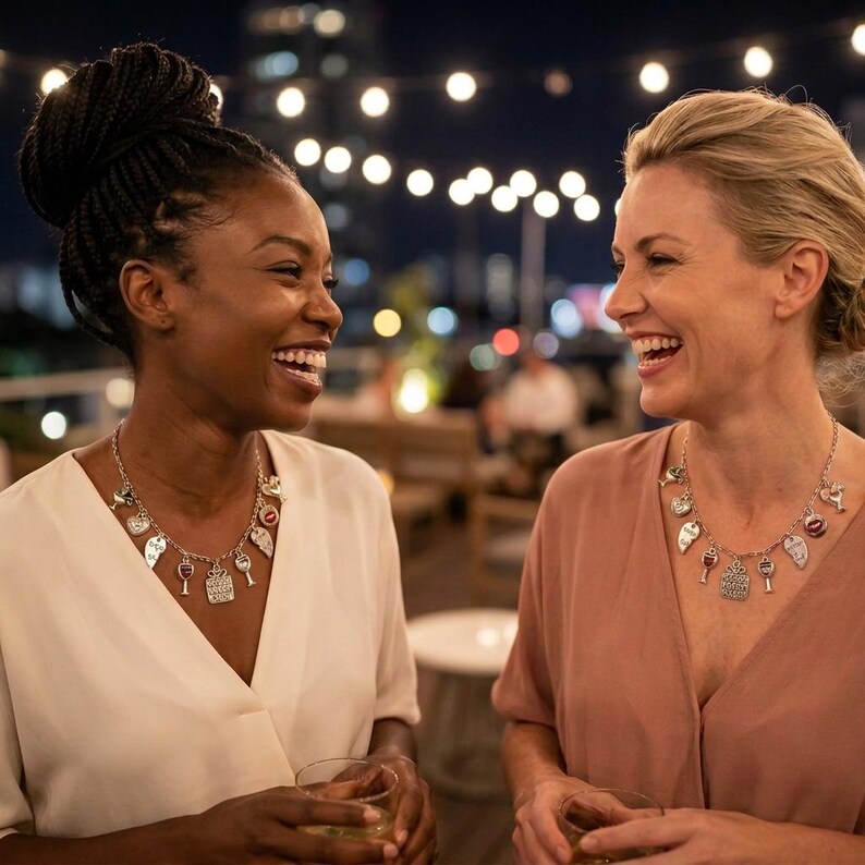 Girls Night Out Multi Charm Link Necklace, Silver - 20 inch - - LadybugfeetDesigns -