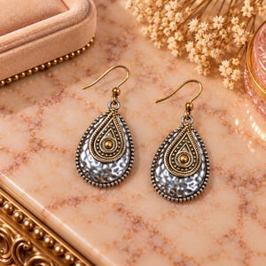 Hammered Two-Tone Boho Teardrop Hook Earrings, Gold - - LadybugfeetDesigns -