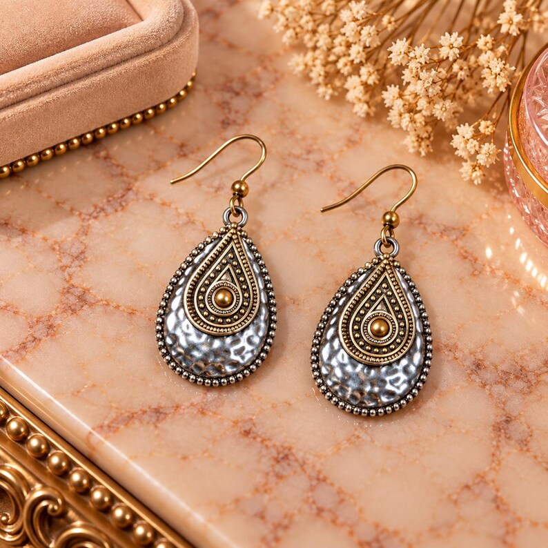 Hammered Two-Tone Boho Teardrop Hook Earrings, Gold - - LadybugfeetDesigns -