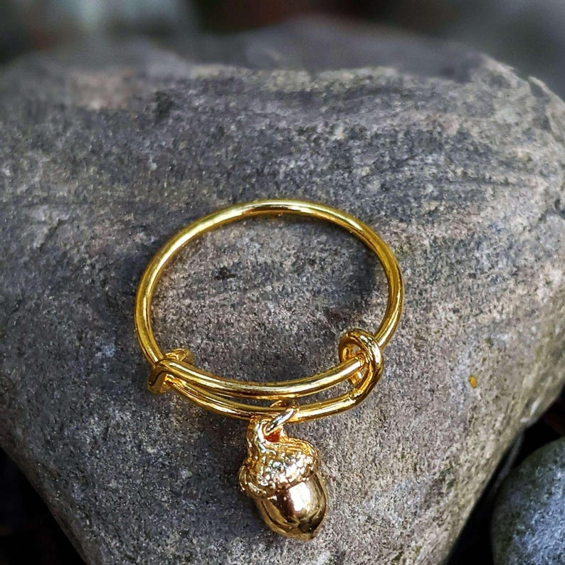 Tiny Acorn Expandable Charm Ring - Gold - - LadybugfeetDesigns -