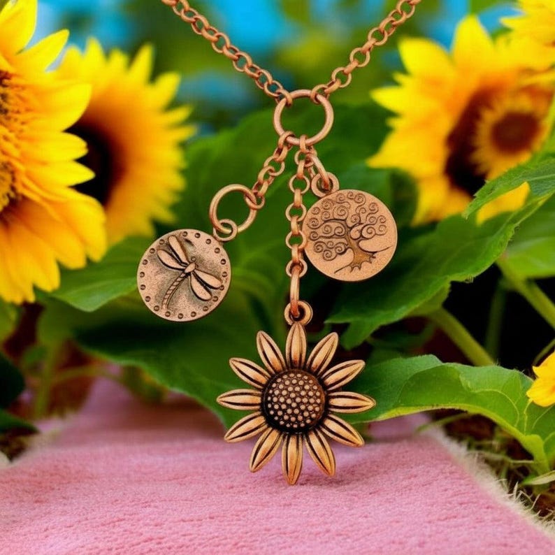 Sunflower Copper Charm Keeper Necklace, 18-24 inch - - LadybugfeetDesigns -