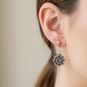 Crescent Moon/Star Charm Drop Stud Earrings-Silver - - LadybugfeetDesigns -