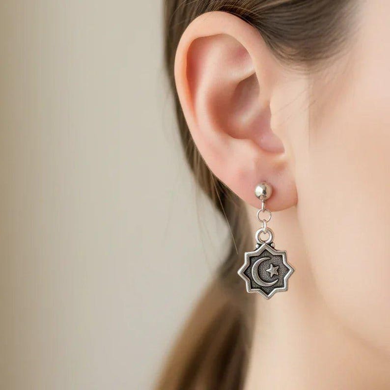Crescent Moon/Star Charm Drop Stud Earrings-Silver - - LadybugfeetDesigns -