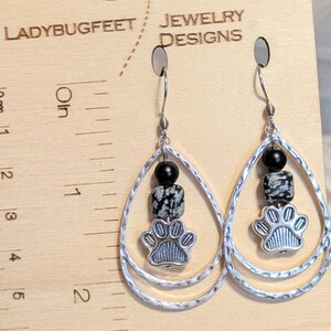 Dog/Cat Paw Black Beaded Hammered Teardrop Hook Earrings, Silver - - LadybugfeetDesigns -