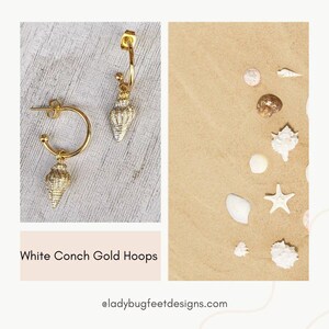 White Pearl Conch Seashell gold hoop earrings, Hoop Drop, 16mm - - LadybugfeetDesigns -