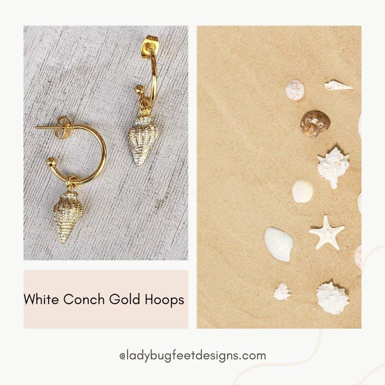 White Pearl Conch Seashell gold hoop earrings, Hoop Drop, 16mm - - LadybugfeetDesigns -