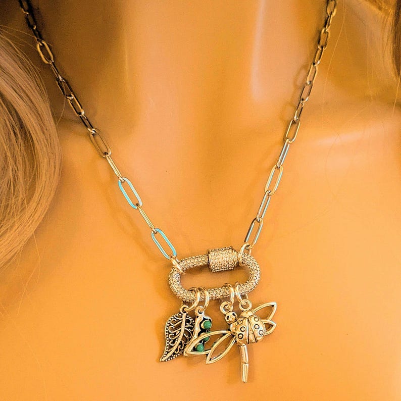 Large Dragonfly, Garden Friends Carabiner Necklace, Silver - 20 inch - - LadybugfeetDesigns -