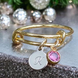 Gold Expandable Initial & Birthstone Charm Ring,Gift for her - - LadybugfeetDesigns -