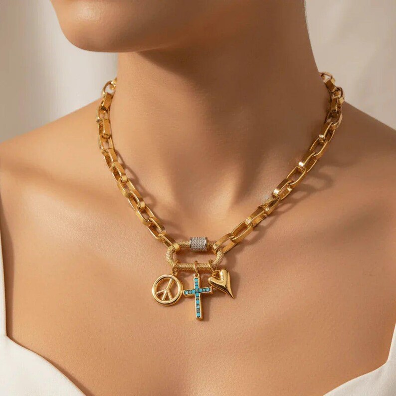Peace & Love Carabiner Necklace, Gold - 20 inch - - LadybugfeetDesigns -