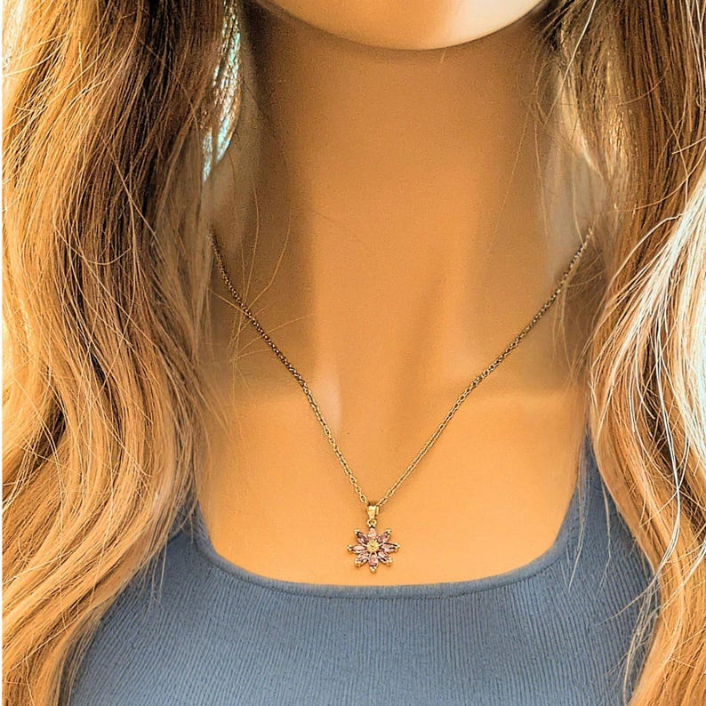 Purple CZ Flower necklace, Gold - 20 inch - - LadybugfeetDesigns -