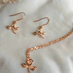 Dragonfly Rose Gold necklace/earrings set, 18 inch - - LadybugfeetDesigns -
