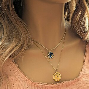 Blue Enamel Zodiac Pendant Necklace, Gold - 20 inches - - LadybugfeetDesigns -