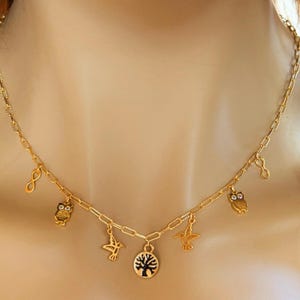 Nature Vibes Multi Charm Link Necklace, Gold- 20 inch - - LadybugfeetDesigns -