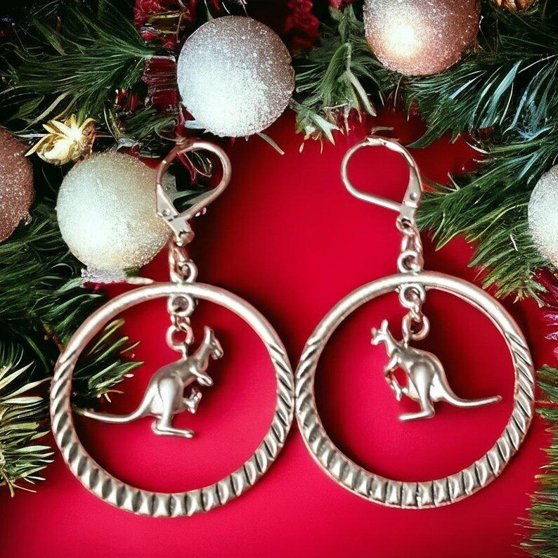 Kangaroo Mama & Joey Leverback Hook Earrings - - LadybugfeetDesigns -