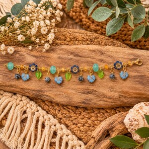 Botanical Blue Crystal Bead Bracelet, Gold - - LadybugfeetDesigns -