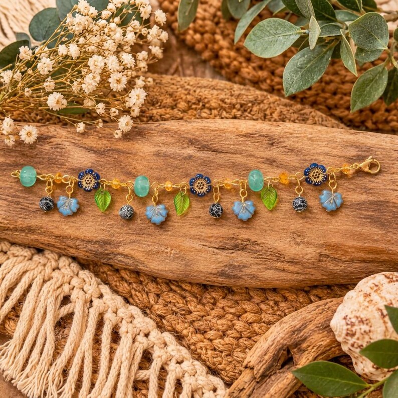 Botanical Blue Crystal Bead Bracelet, Gold - - LadybugfeetDesigns -