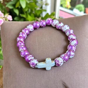 Mauve Ivory Beaded Cross Stretch bracelet - - LadybugfeetDesigns -