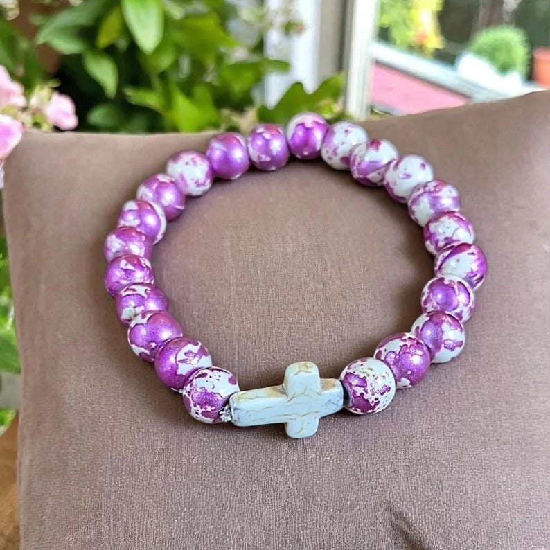 Mauve Ivory Beaded Cross Stretch bracelet - - LadybugfeetDesigns -