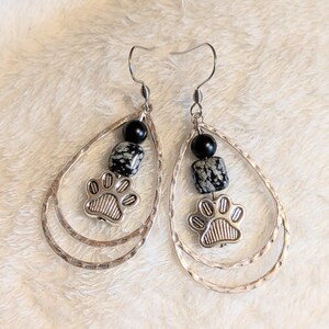 Dog/Cat Paw Black Beaded Hammered Teardrop Hook Earrings, Silver - - LadybugfeetDesigns -