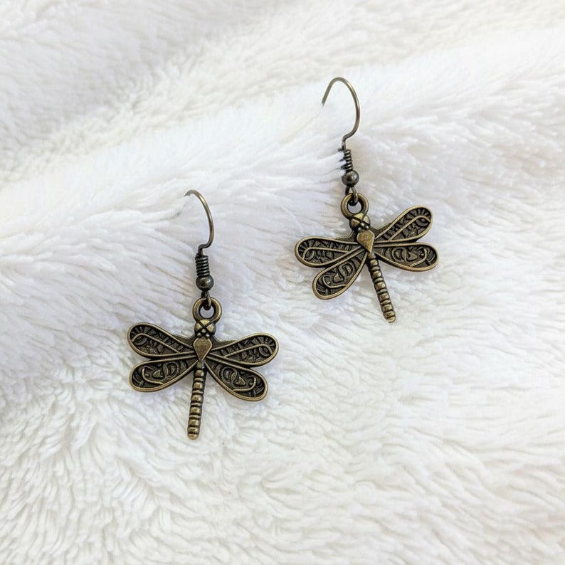 Dragonfly hook earrings, Antique Bronze - - LadybugfeetDesigns -