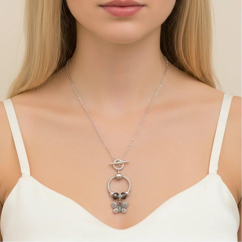 Butterfly Sterling Silver Toggle Charm Necklace, 20 inches - - LadybugfeetDesigns -