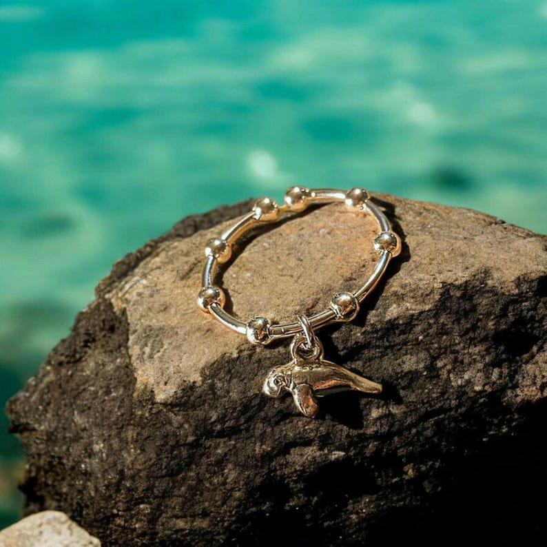 Sterling Silver Manatee Adjustable Charm Ring - - LadybugfeetDesigns -