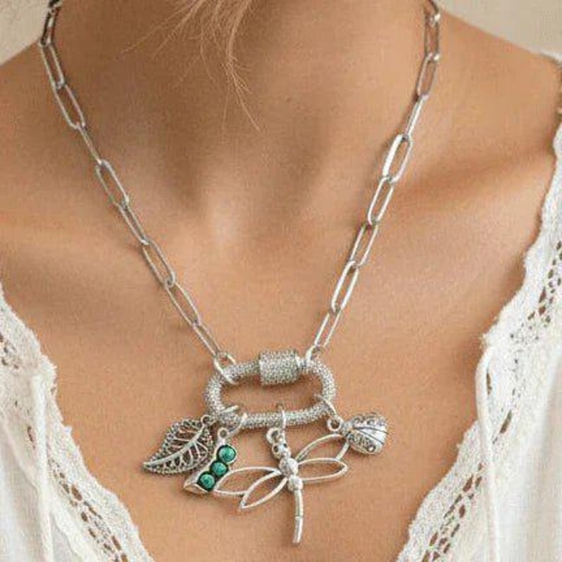 Large Dragonfly, Garden Friends Carabiner Necklace, Silver - 20 inch - - LadybugfeetDesigns -