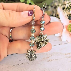 Mismatched Owl crystal hook earrings - - LadybugfeetDesigns -