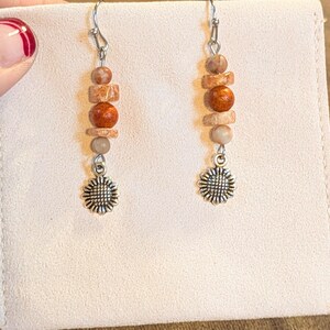 Sunflower Beaded Sunstone Hook Earrings, Silver - - LadybugfeetDesigns -
