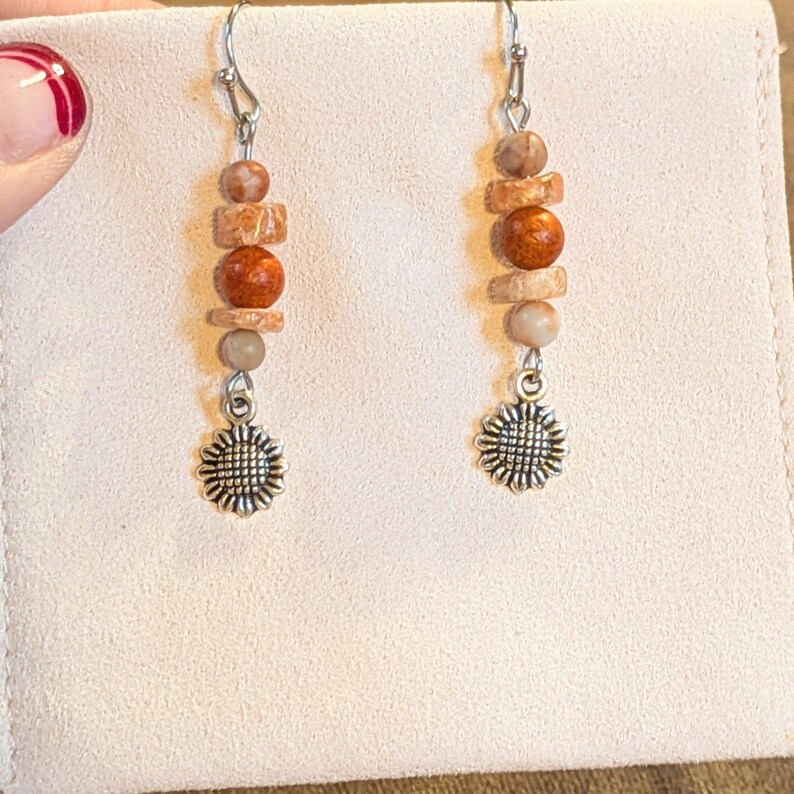 Sunflower Beaded Sunstone Hook Earrings, Silver - - LadybugfeetDesigns -